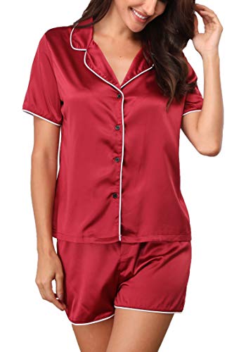 MEMORY BABY Pijamas Mujer Verano Corto Conjunto de Satén Ropa de Dormir Suave Sedoso (Rojo Vino,XL)