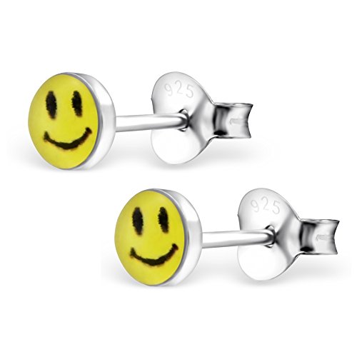 Bungsa Smiley Kinder-Ohrstecker .925 ECHTSILBER 5mm gelb Emoji lachendes Gesicht lächeln (Ohrringe Echtschmuck Studs Ohrschmuck Jungs Mädchen)