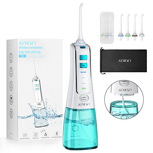 ATMOKO Jet Dentaire Portable Hydropulseur 300ML, Irrigateur Oral Professionnel Rechargeable IPX7 Étanche, Jet Dentaire sans Fil avec 4 Buses et 3 Modes, Jet Hydropulseur pour Soins Hygiène de Dents
