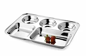 SKARS 5 in1 Stainless Steel Kitchen and Dining Diwali Round Extra Deep Compartment Divided Plate/Thali/Mess Tray Set, 33.5 x 24.5 x 3 cm, Silver