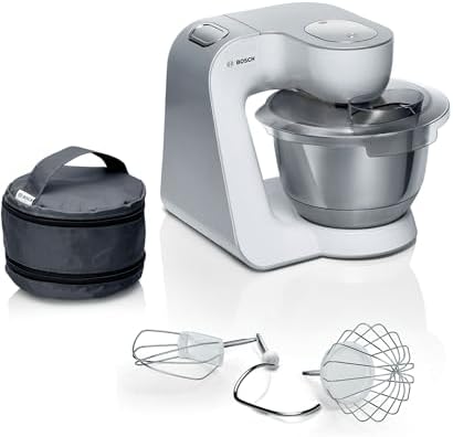 Bosch Serie 4 Planetaria Impastatrice MUM58200, 1000 W, Capiente Ciotola in Acciaio Inox da 3,9 L, 7 Livelli di Velocità, Fruste e Gancio Inclusi, Accessori Lavabili in Lavastoviglie, Bianco, Argento