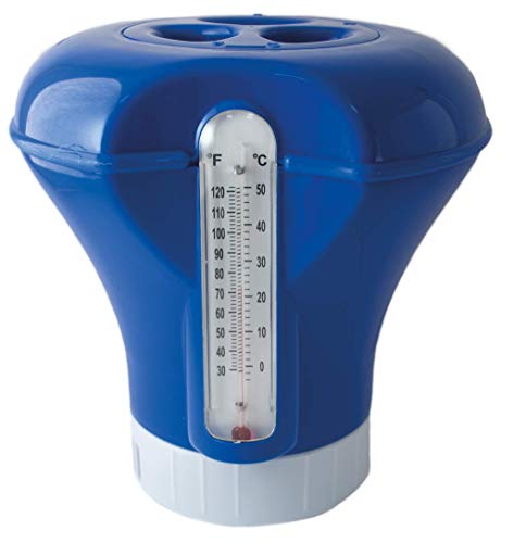 SIQUA Dispensador de Cloro Flotante con termometro, Ajustable, Mediano para Piscina. Capacidad para Pastillas de 200 g