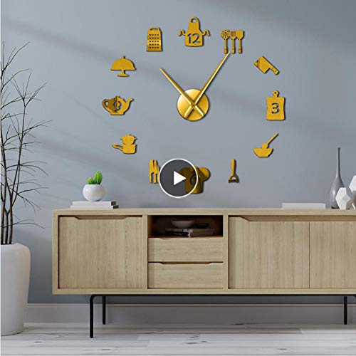 Dwqlx 27 Pouces Or Cuisine Outils Bricolage Géant Horloge Murale Ustensiles De Cuisine sans Cadre Grand Mur Montre Moderne Salle À Manger Cuisine Art Déco Horloge