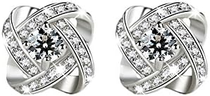 Lianjie Women's Silver Plated Square Flower Cubic Zirconia Rhinestone Stud Earrings Wedding Jewelry (White)