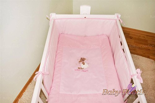 Quilt with Crib Bumper 2 Piece Bedding Set Embroidered Bear and Pillow - PINK