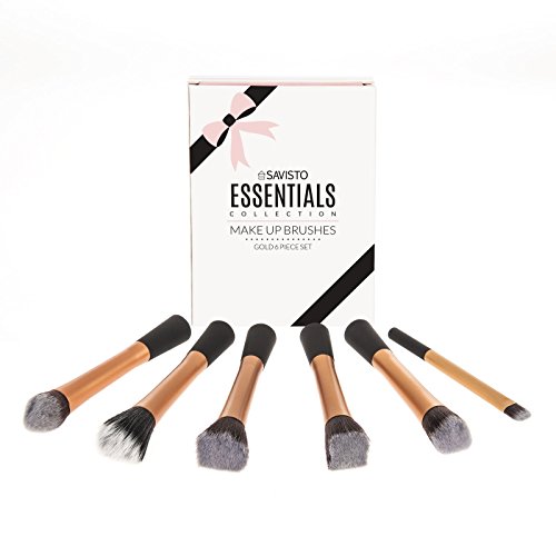 Savisto 6 Piece Essential Kabuki Make Up Brush Set in Gold - Professional Synthetic Makeup Brushes & Stylish Gift Box