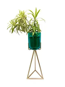 CURIO CRAFTS Teal Lustre Glass Planter, Flower Pot Holder with Tall Metal Stand, Indoor Outdoor (32 inches)