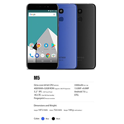 Vernee M5 4G FDD-LTE Smartphone 5.2 Zoll HD, Android 7.0 [4GB RAM+64GB ROM] Octa-Core, 13.0MP + 8.0MP Kamera 3300mAh Akku Fingerabdruckscanner, Band 20 Dual SIM Ohne Vertrag Handy