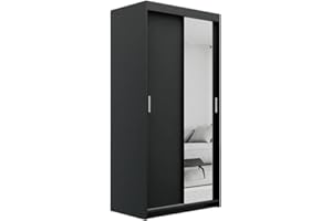 ELUKS OVI Double Sliding Doors Wardrobe with Mirror Furniture for Bedroom Living Room and Hall Wardrobe Organizer Width 100cm/120cm/150cm/180cm/200cm (Black, 100cm)