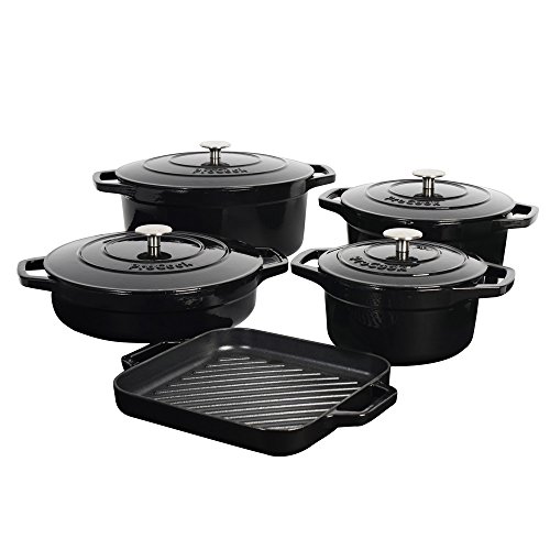 Preisvergleich Produktbild ProCook / Kochgeschirrset aus Gusseisen / induktionsgeeignet / emailliert / Bräter / Schmortopf / Grillpfanne / 5-teilig / schwarz