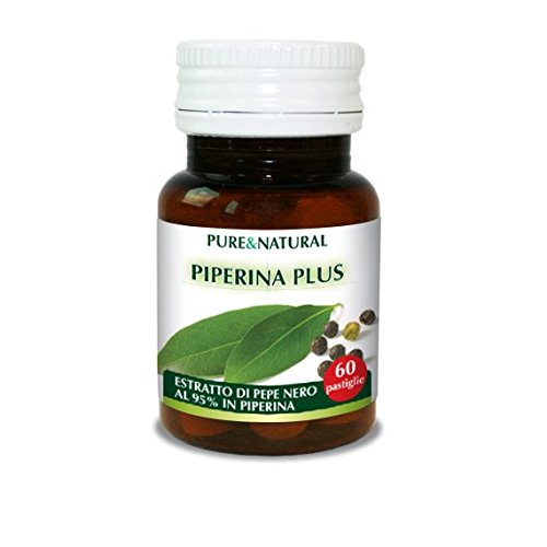 PIPERINA PLUS Pure&Natural EXTRA FORTE, ESTRATTO SUPER CONCENTRATO DI PEPE NERO, PER OTTENERE IL MASSIMO EFFETTO. Integratore al 100% naturale e notificato al Ministero della Salute Italiano.
