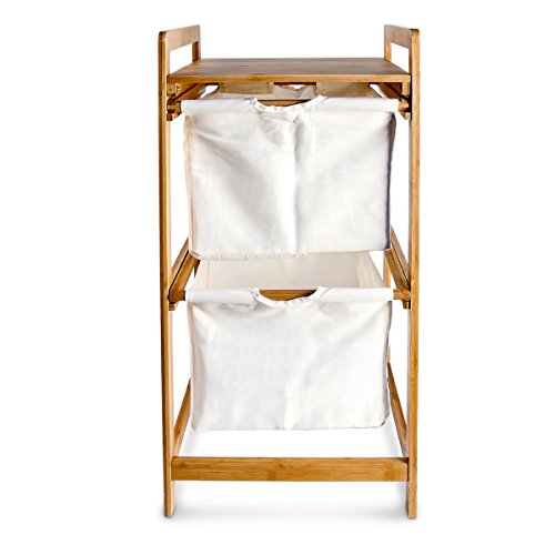 Relaxdays Wäschesammler LINEA Bambus H x B x T: ca. 73 x 37 x 33 cm Wäschekorb mit 2 Fächern als Ablage als praktischer Wäschepuff aus waschbarem Leinen zum Herausziehen mit seitlichen Griffen, natur - 3
