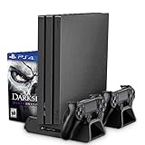 RegeMoudal PS4 / PS4 Slim vertikaler Ständer mit eingebautem Lüfter, Playstation Ladestation Standfuß mit Dual Controller Ladestation, Multifunktionaler vertikaler Kühlungs-Standplatz