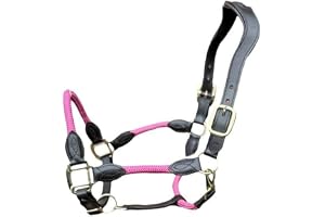Cwell Equine Deluxe Black Leather and Rope Hybrid Padded Halter FULL/COB/PONY (PINK FULL)