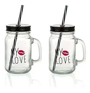SATYAM KRAFT My Love Mason Jar With Lid And Reusable Straw - 2 Pieces, 500 ml