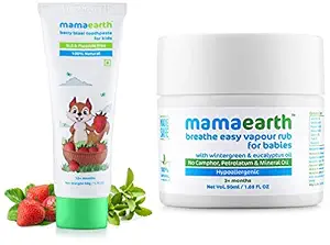 Mamaearth 100% Natural Berry Blast Kids Toothpaste 50 Gm, Fluoride Free, SLS Free, No Artificial Fla & Mamaearth Natural Breathe Easy Vapour Rub Balm, with Wintergreen, Eucalyptus and Tulsi