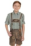Knöpfe in Hirschhornoptik Isar-Trachten Kinder Lederhose kurz Trachtenlederhose Jungen mit Stegträger und Stickerei 55810 braun Gr.134