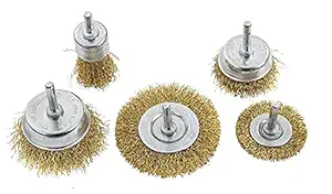 KHADIJA Brass Coated Wire Brush Wheel and Cup Brush Set with 1/4-Inch Shank, 5 Sizes Coated Wire Drill Brush Set (Golden), Set of 5