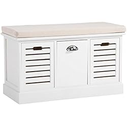 IDIMEX Banc de Rangement TRIENT Coffre avec Assise Coussin rembourré et 3 casiers avec persiennes, en MDF Style Vintage rétro Bord de mer Finition Blanc