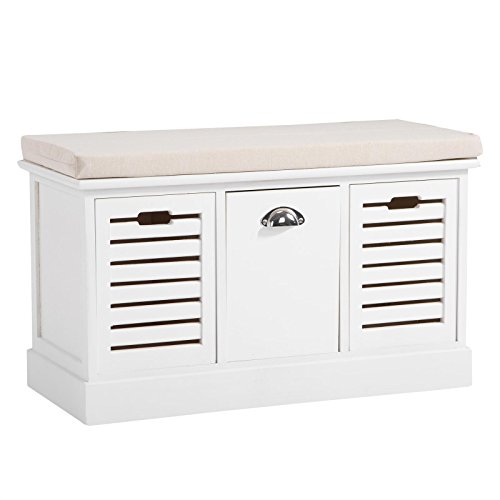 IDIMEX Banc de Rangement TRIENT Coffre avec Assise Coussin rembourré et 3 casiers avec persiennes, en MDF Style Vintage rétro Bord de mer Finition Blanc