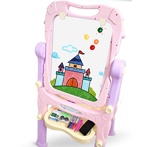 Chevalet pour enfants, Chevalet d'art debout multifonctionnel, Planche à dessin réglable en hauteur avec des trombones (Color : Pink)