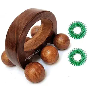 Master Arts wooden massager back pain relief massager multi purpose body massager of 6 massage roller in pure shisham wood ( size 5 inch ) acupressure massager + 2 Acu sujok ring finger massager