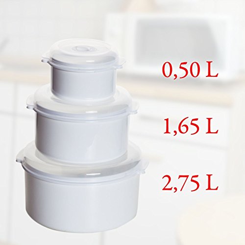 Mikrowellen-Topf im 6-tlg Set – Deckel mit Belüftung und Drehrad für Minutenzahl. Das clevere Mikrowellen-Geschirr als Zubehör in 3 praktischen Größen: 0,5 – 1,65 – 2,75 Liter - 2