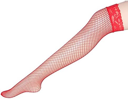 Daben200 Women Solid Lace Top Thigh High Fishnet Mesh Hole Long Stockings -Red