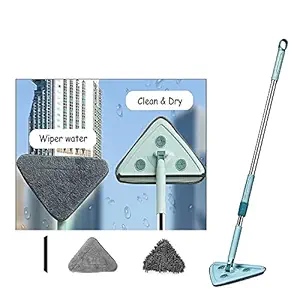 RAKITIC Rotatable Triangle Mop with Long Handle, Microfiber Flat Floor mop Rotatable Cleaning Brush Glass Wiper Window Cleaner Floor Cleaning Car Glass Cleaning Scraper Dust Mop (Multicolor)