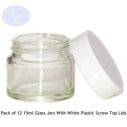 12er-PACKUNG – 15ml KLARGLAS-Behälter mit WEISSER Verschlusskappe für Aromatherapie-Mischungen / Cremes - 2