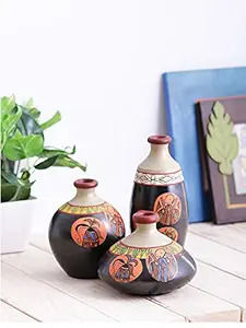 Black Orange Madhubani Terracotta Pots Set of Three