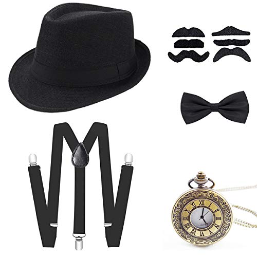Wagoog 1920s Jahre Herren Gatsby Accessoires, 20er Mafia Flapper Kostüm Set mit Panama Gangster Hut, Verstellbar Elastisch Hosenträger, Halsschleife Fliege und Vintage Taschenuhr