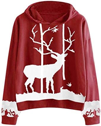 Kobay Womens Christmas Tops, Ladies' Hoodie Sweatshirt Winter Warm Monochrome Reindeer Printed Drawstring Tops Blouse Coat Outwear Fashion Gifts for Women