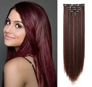 INAAYA Women Synthetic Hair Extension 6 Clips Burgundy Highlights