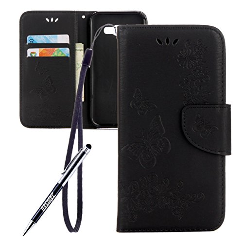 Galaxy A5 2017 Hülle,Samsung Galaxy A5 2017 Blumen Case,JAWSEU Retro Prägung Schmetterling Blumen Muster Kunstleder PU Leder Strap Brieftasche Bookstyle Magnetverschluss Schutzhülle Handytasche Case Cover Etui mit [Ständerfunktion] und [Kartenfächer]für Samsung Galaxy A5 2017+1xSchwarz Glitzer Bling Eingabestift-Schwarz Schmetterling