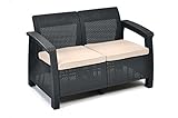 Keter Corfu 2 Seater Rattan Sofa Outdoor Garden Furniture - Graphite with Cream Cushions (Garden &amp; Outdoors)