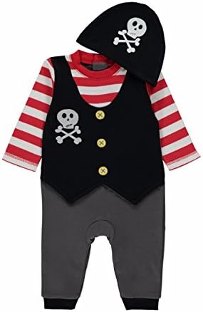 Pirate Captain Halloween fancy dress for Babies 9-12 months onesie romper suit with mock waistcoat &amp; Skull &amp; Crossbones Hat, Made for George Collection