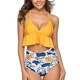 MRURIC☀ Badeanzug Damen sexy Frauen Zwei Stücke Badeanzüge Top gekräuselt mit hoch taillierten Bikini Set Strandkleidung Badeshorts badeanzüge Beachwear Badebekleidungs Schwimmen Set
