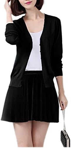 Winfon Women's Long Sleeve V-neck Cotton button up Knit Cardigan Sweater coats Outwear top (black,L)