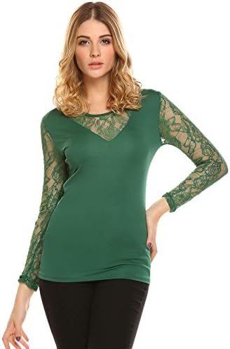 ACEVOG Women Slim Casual Shirt Long Sleeve Blouse Jumper T-Shirt Lace Patchwork Fit O-Neck Basic T Shirt Solid Color Shirts