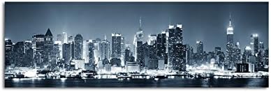 Wall Mural Panoramic New York City Manhattan Skyline Black White Blue AT NIGHT ON CANVAS AND Stretcher Frame High quality handmade in germany 150 x 50 cm