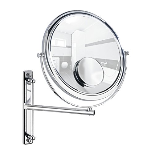 WENKO 3656370100 Kosmetikspiegel Bivona - Wandspiegel, höhenverstellbar, schwenkbar, Spiegelfläche ø 25.5cm, 300/700% Vergrößerung, Stahl, 30 x 34 x 22.5 cm, Chrom