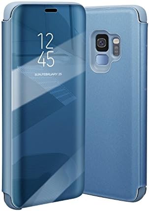 Samsung Galaxy S9 Case Flip Kickstand Mirror Case Luxury Electroplate Plating Smart Clear View Cover with Transparent TPU s9 Case cover (Blue)