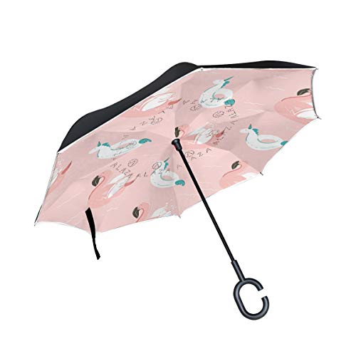 Preisvergleich Produktbild SKYDA Doppelschichtiger umgekehrter Regenschirm, umgekehrt, faltbar, mit rosa Flamingo-Schwimmer und Einhorn-Schwimmbecken, Winddicht, Regenschirm für Auto, Regen im Freien, mit C-förmigem Griff