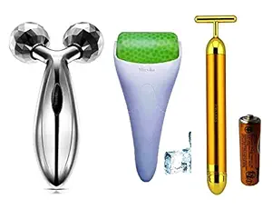 MORVIKA T-Shaped Gold Beauty Vibration Massage With 3D Massager With Ice Roller Massager