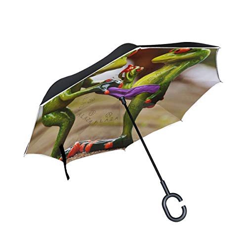 Preisvergleich Produktbild SKYDA Umkehrbarer Regenschirm mit süßem Frosch, lustiger umgekehrter Regenschirm, doppellagig, Winddicht, Regenschirm für Auto und Regen im Freien, mit C-förmigem Griff