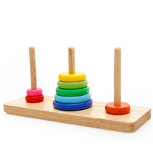 MWZ Tower of Hanoi Rainbow Stacking Rings Stcacker Board Wisdom Development Wooden Building Set Puzzle Game for Baby Kids, 3-Year-Old