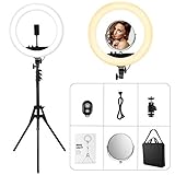 【Dispositivos compatibles y amplia aplicación】 La luz anular bicolor regulable es compatible con la mayoría de las cámaras digitales y teléfonos inteligentes. Será un asistente perfecto para fotógrafos profesionales o maquilladores, bloggers de video, estilistas, amantes de las selfies, etc. para maquillarse, tomar fotos o grabar un video.