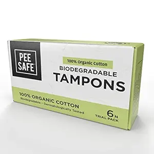 PEESAFE Pee Safe 100% Organic Cotton, Biodegradable Tampons (Trial Pack, 6 Tampons - 2 Regular, 2 Super, 2 Super Plus)