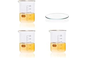 LABBOX KENZIUM - Pack 3 x Beaker + 1 Watch Glass Dish | 250ml | Borosilicate Glass 3.3 | Low Form | with Printed Graduation, with Spout | for Liquids, High Resistance, Autoclavable